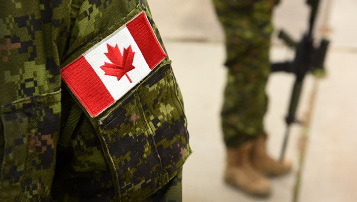 手臂上缝着加拿大国旗补丁的士兵。背景中有一名士兵手持一把突击步枪，趴在地上。