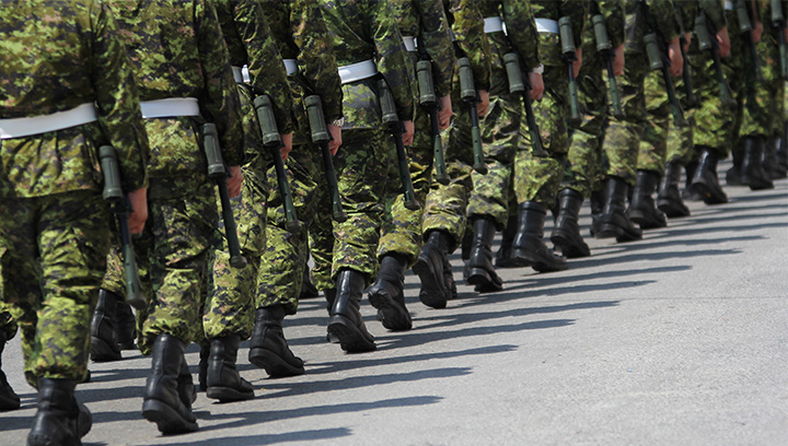 穿着制服的加拿大士兵排成一行行进