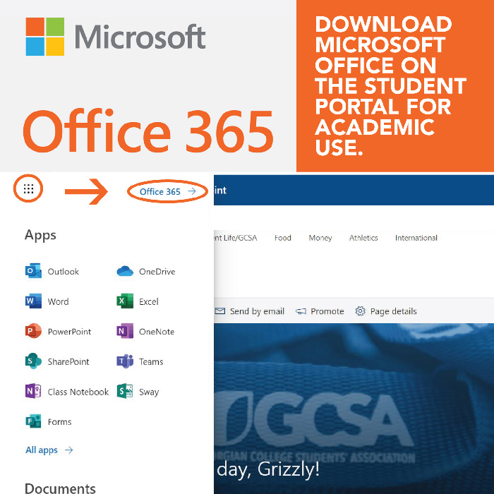 学生门户的截图以及如何下载Microsoft Office Suite